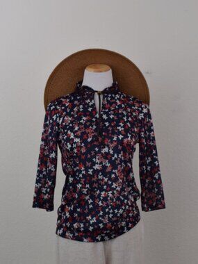 Vintage 80s‎ Navy Floral Polyester Pullover Blouse size S